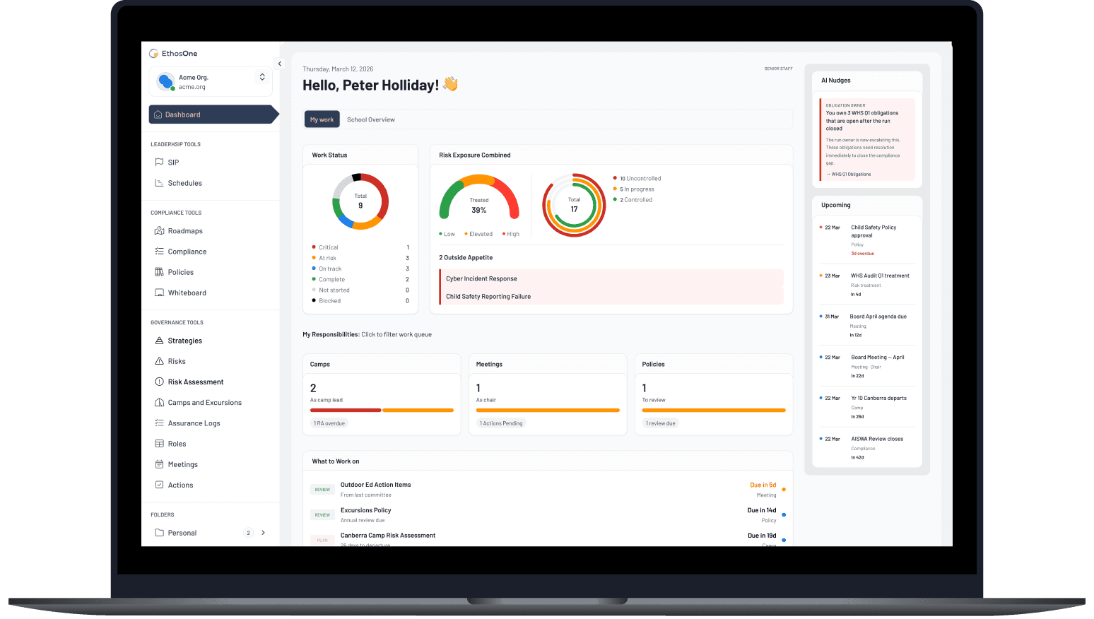 EthosOne governance dashboard with live school reporting.