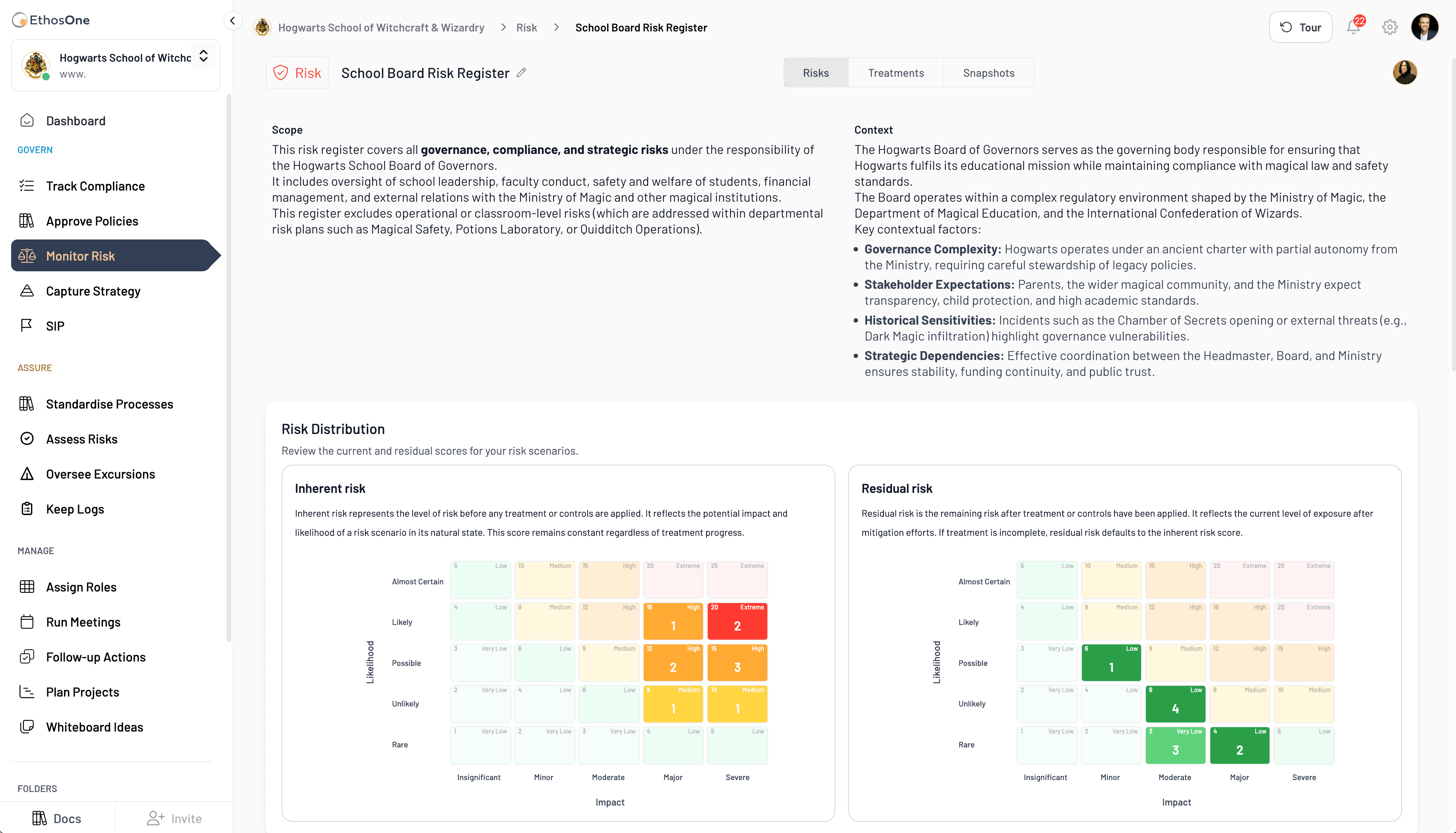 The 5x5 risk matrix from the EthosOne risk register template