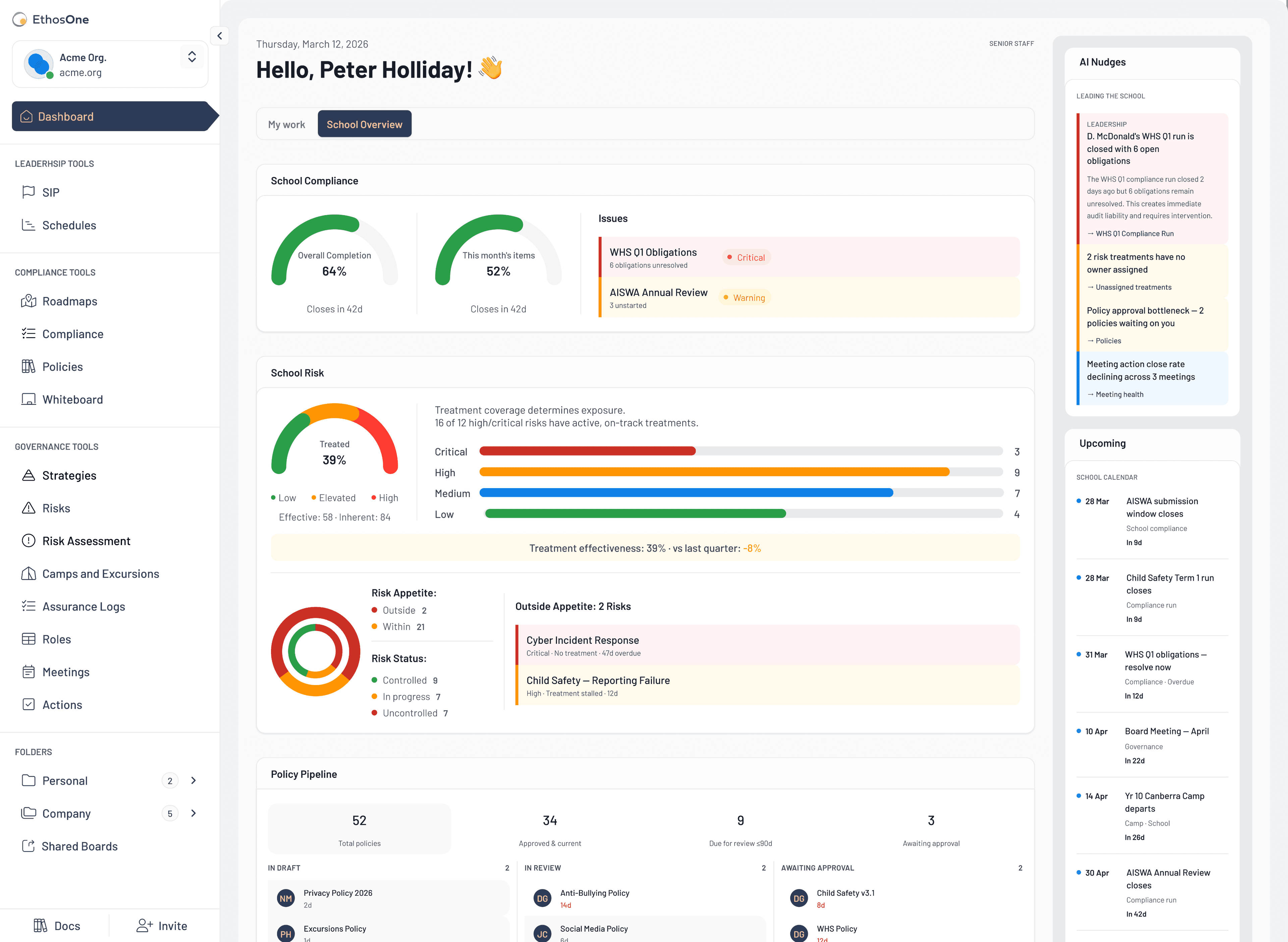 EthosOne board dashboard with compliance, risk and policy reporting for principals.