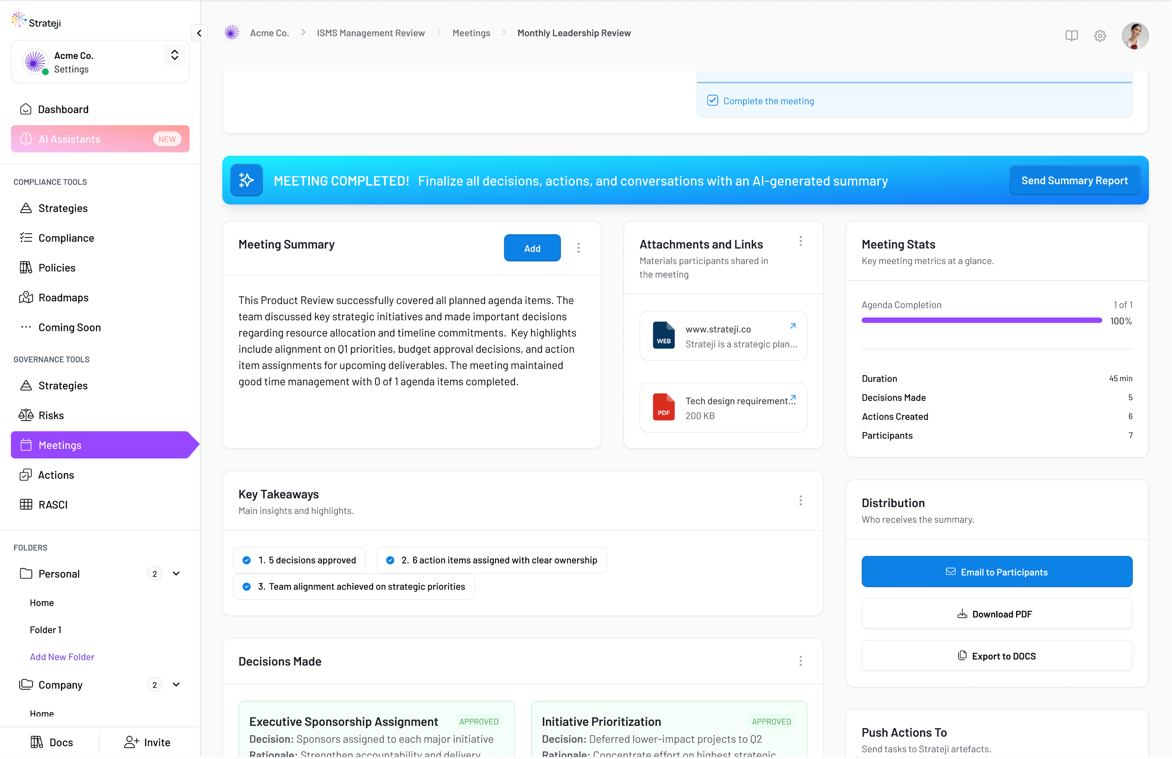 Strateji web app: Governance Meetings hub (All Meetings) with a five-step meeting lifecycle and meeting cards for template, planning, live session, and close.