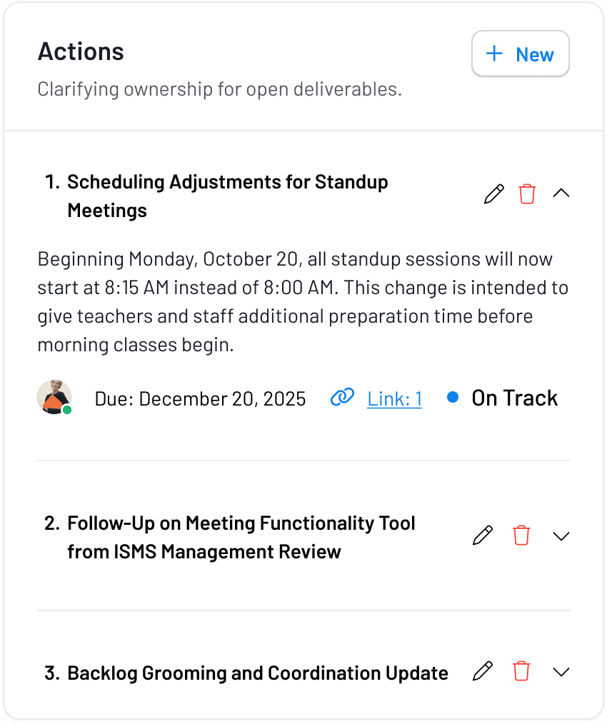 EthosOne action list showing owners, due dates and status