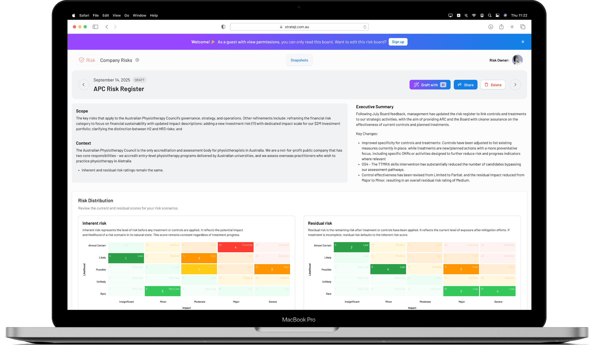 EthosOne risk register heatmap for board-ready compliance and reporting assurance.