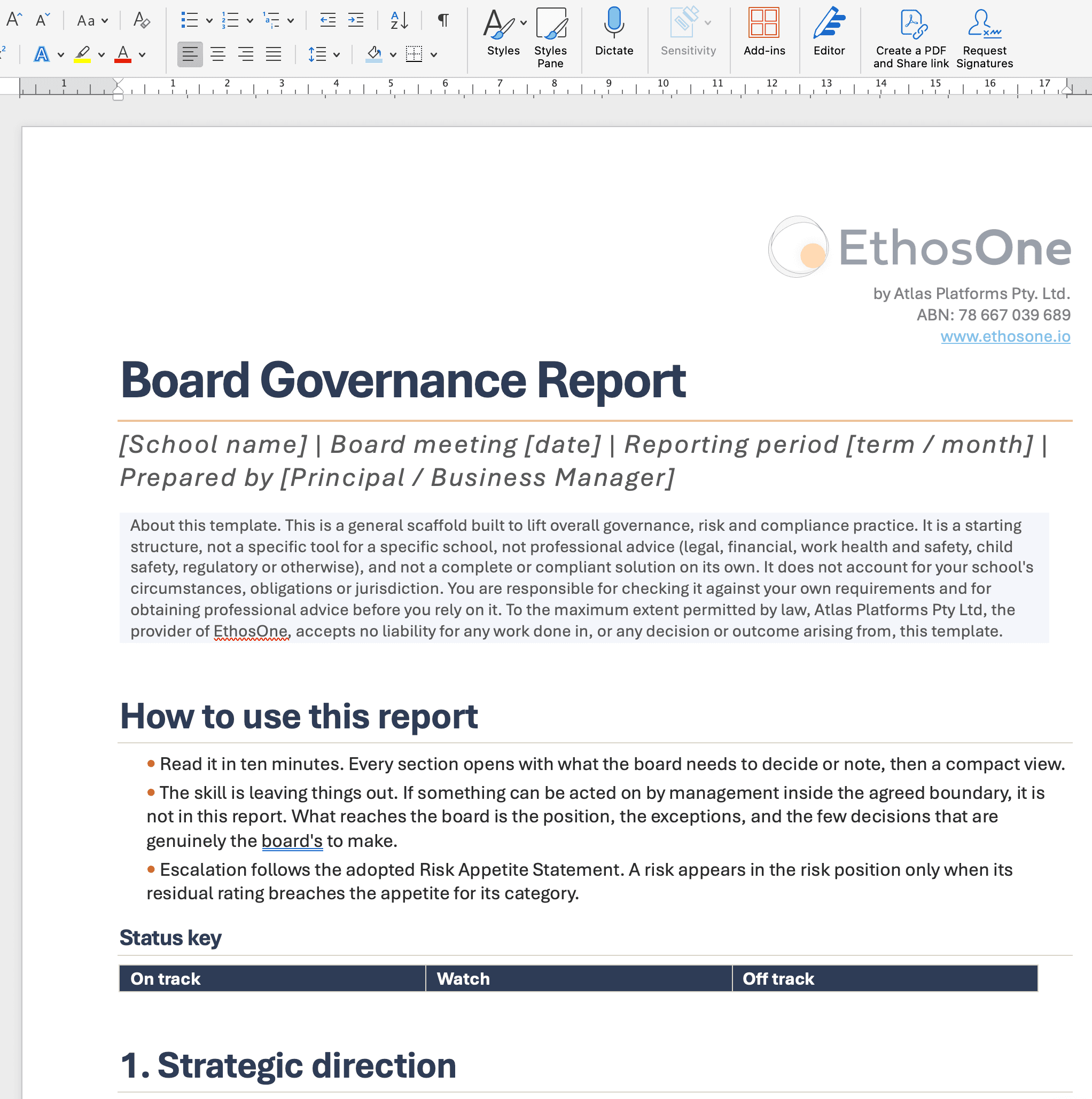 Preview of the EthosOne one-page board report template