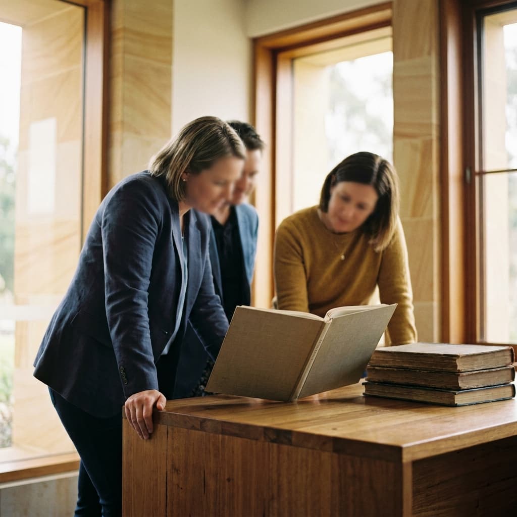 School staff reviewing a current policy document at a desk, older copies set aside