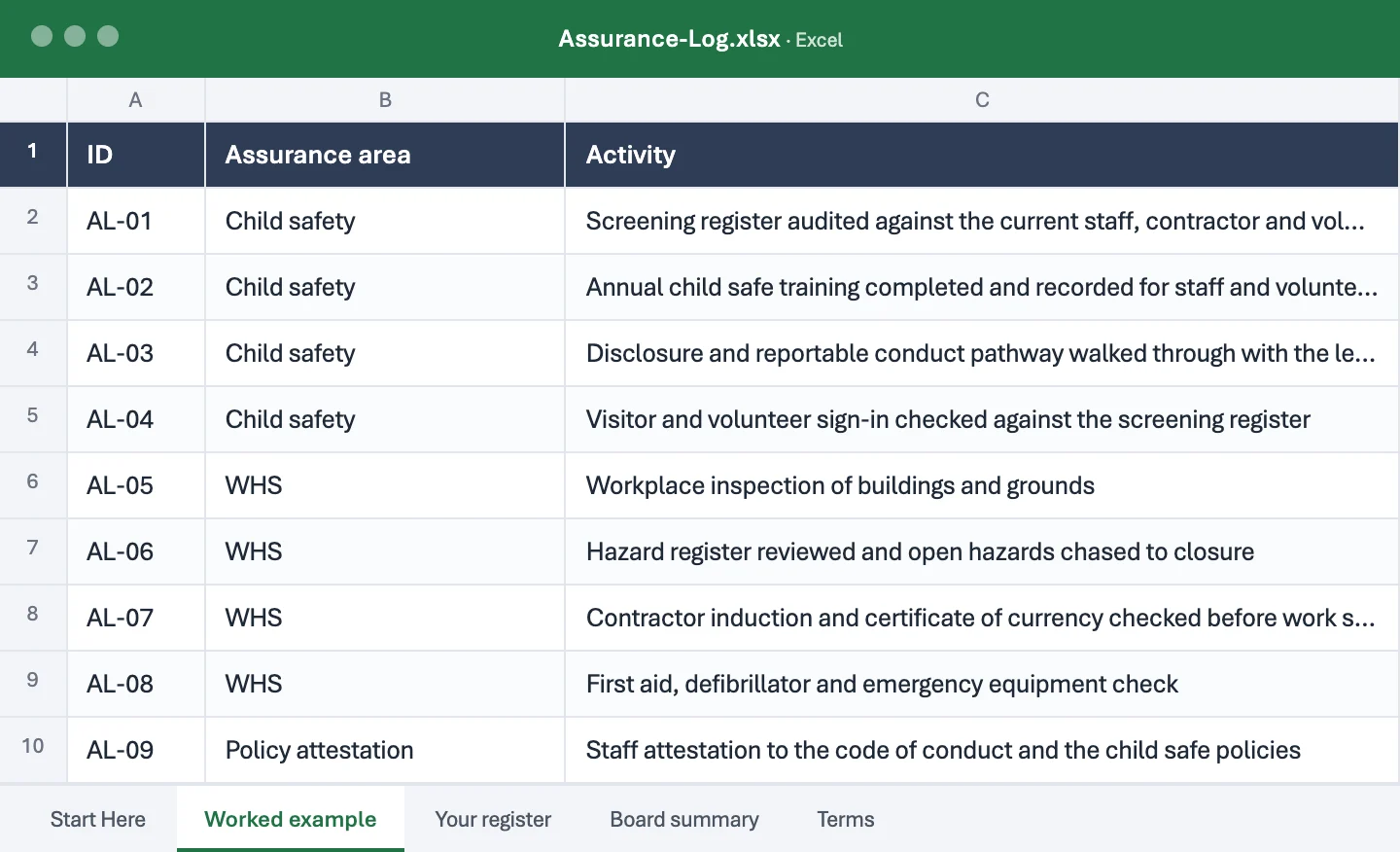 The opening of Assurance-Log.xlsx, as it opens in Excel.