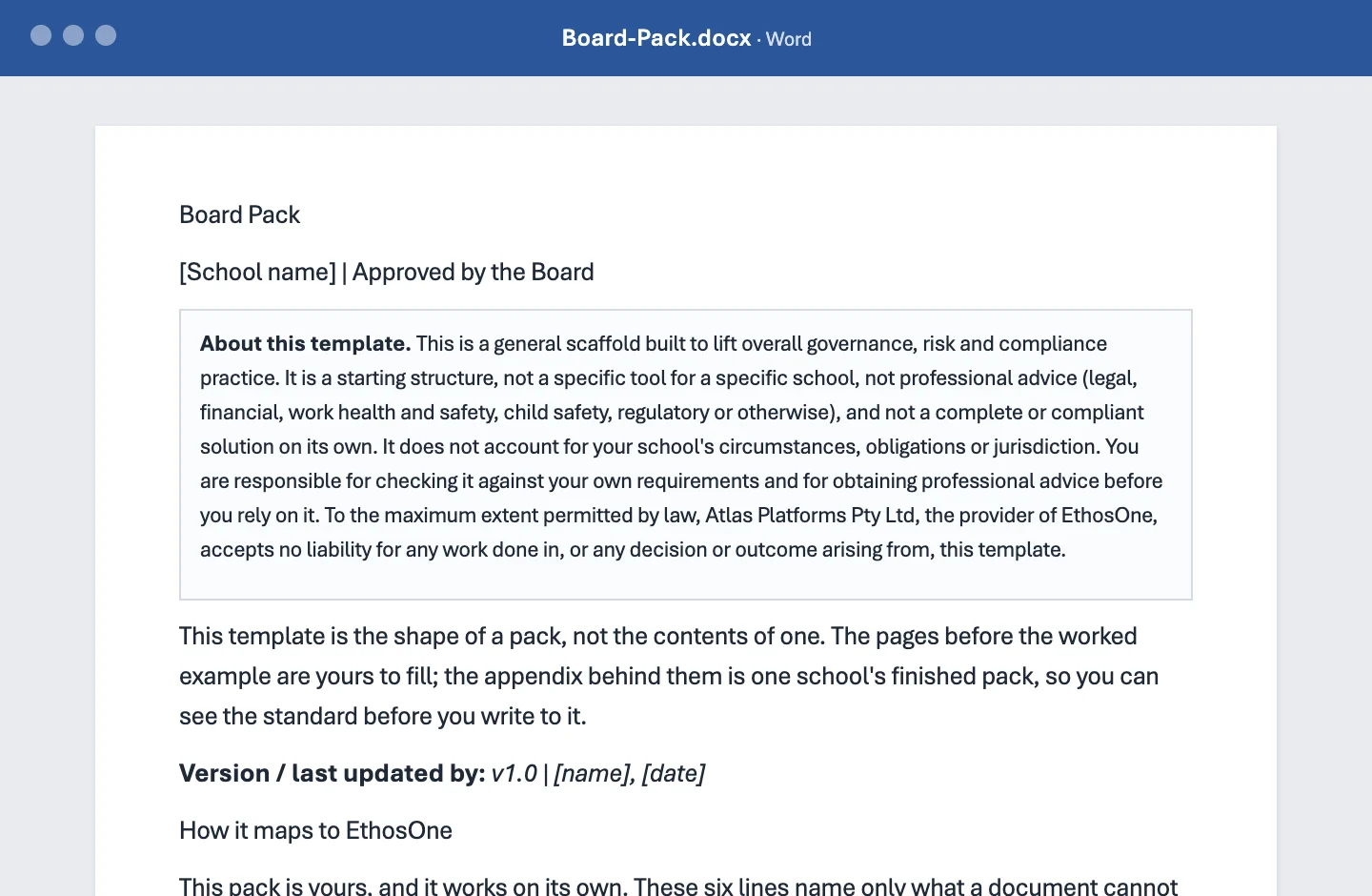 The opening of Board-Pack.docx, as it opens in Word.