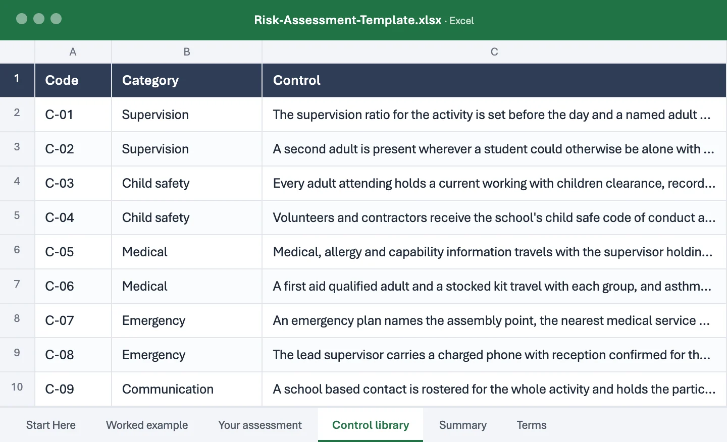 The opening of Risk-Assessment-Template.xlsx, as it opens in Excel.