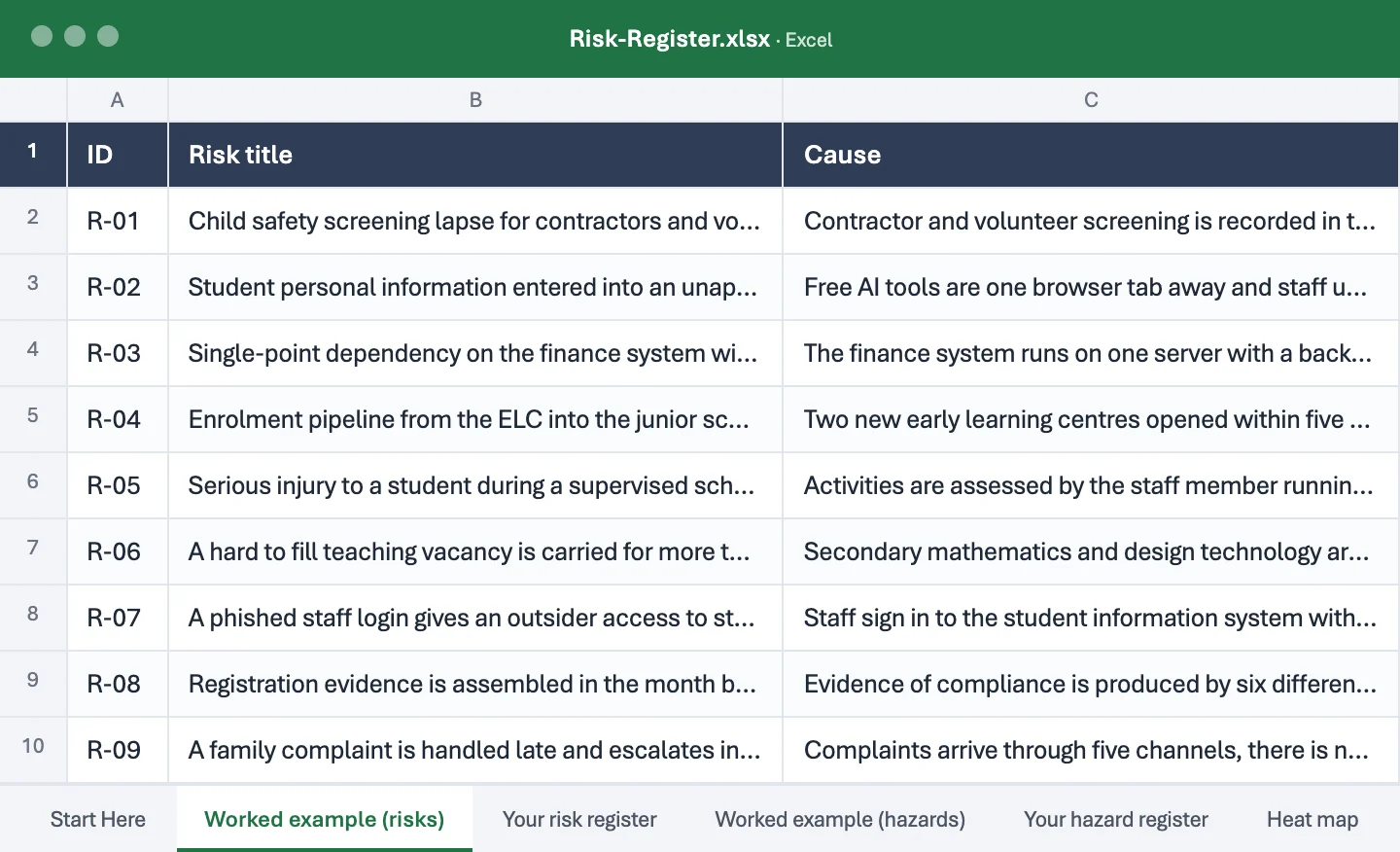 The opening of Risk-Register.xlsx, as it opens in Excel.
