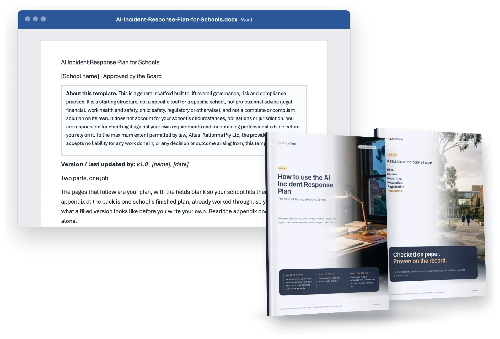 What arrives in the AI Incident Response Plan for Schools pack: the working file, the How-to guide and the What-next brochure