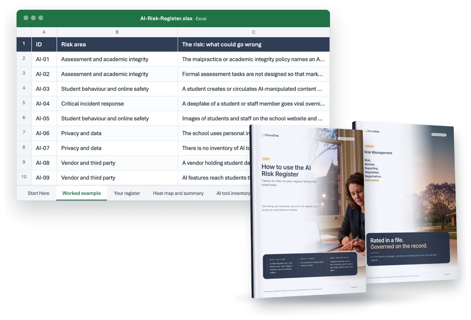 What arrives in the AI Risk Register pack: the working file, the How-to guide and the What-next brochure