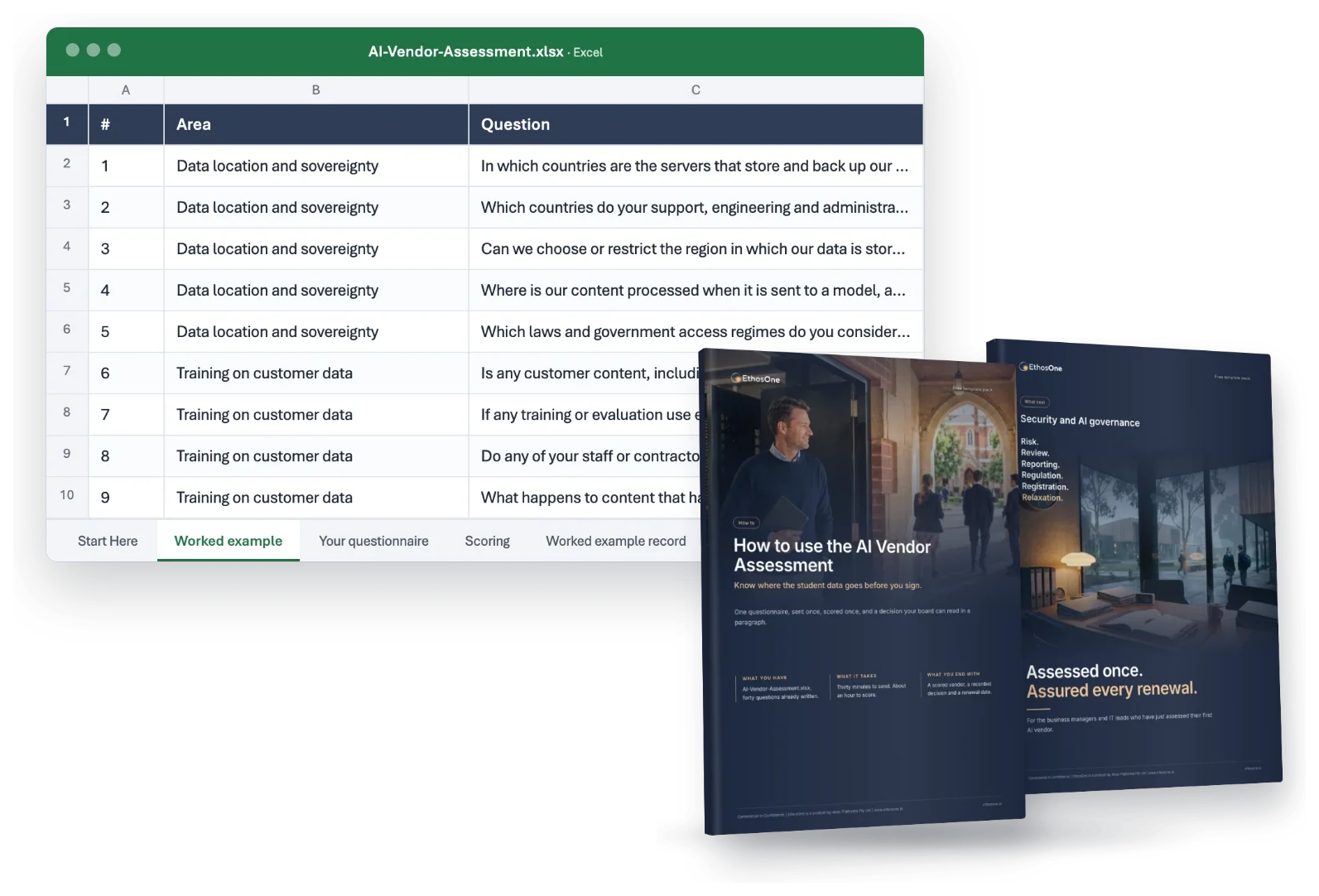 What arrives in the AI Vendor Assessment Pack for Schools pack: the working file, the How-to guide and the What-next brochure