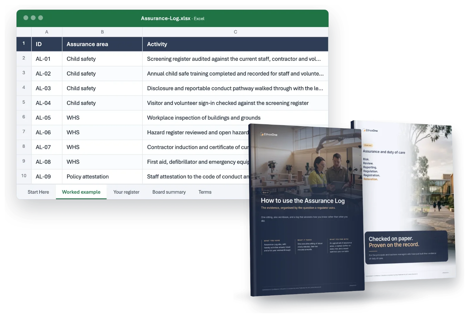 What arrives in the Assurance Log pack: the working file, the How-to guide and the What-next brochure