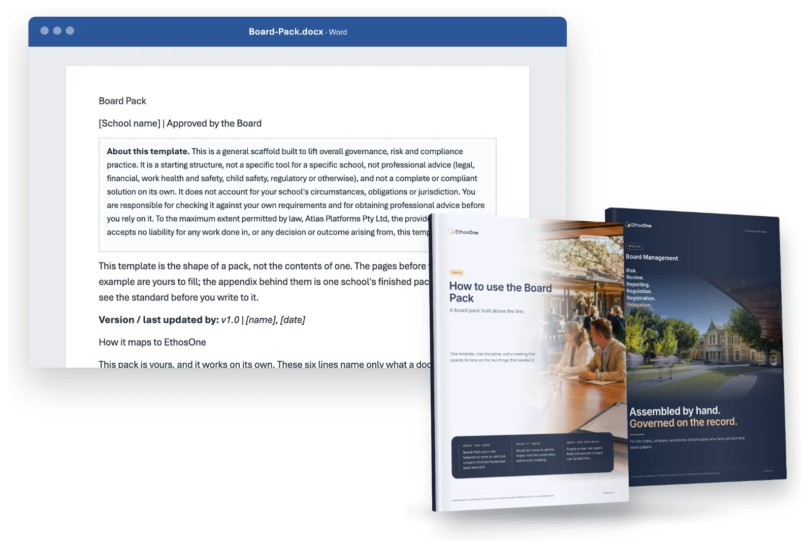 What arrives in the Board Pack pack: the working file, the How-to guide and the What-next brochure