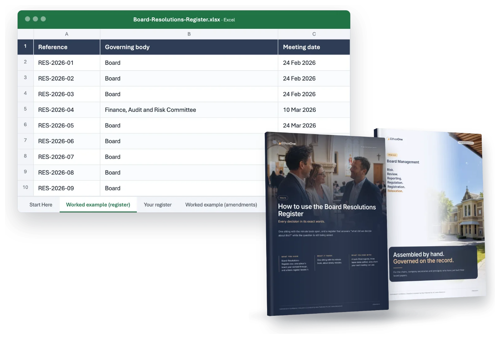 What arrives in the Board Resolutions Register Pack pack: the working file, the How-to guide and the What-next brochure