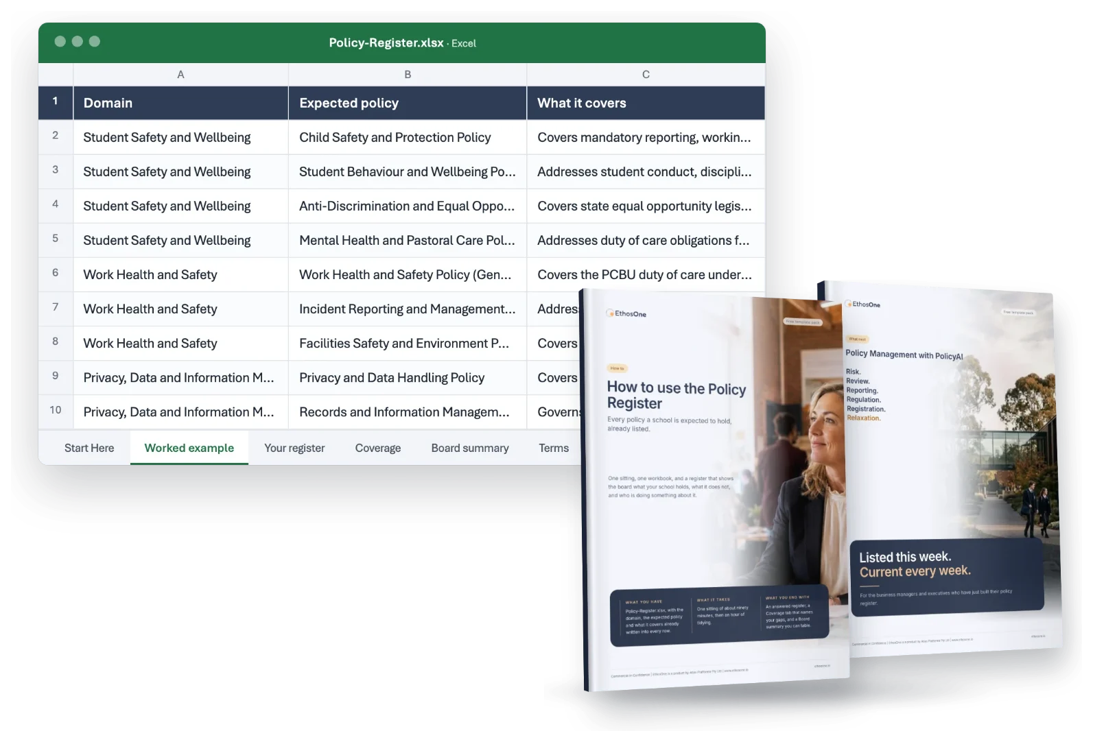 What arrives in the Policy Register by Domain pack: the working file, the How-to guide and the What-next brochure
