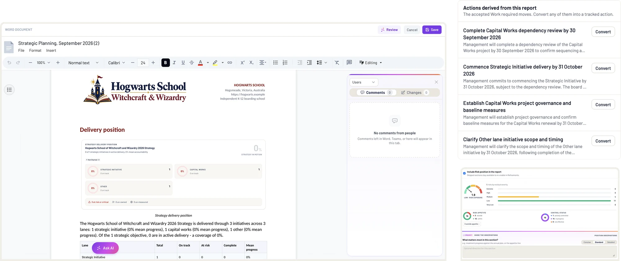 A board report in the document editor, with the actions it derives alongside.