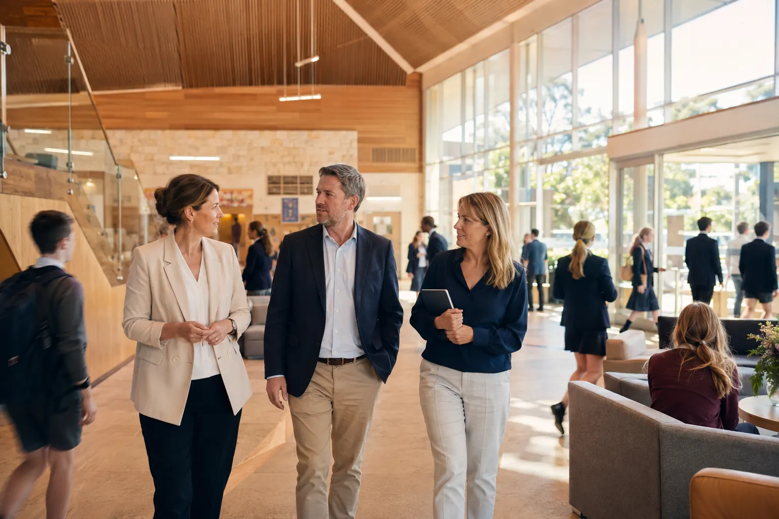 A school leader pauses in a busy reception area to have a calm, direct conversation with two approachable education advisers while phones, visitors and passing staff create soft movement...