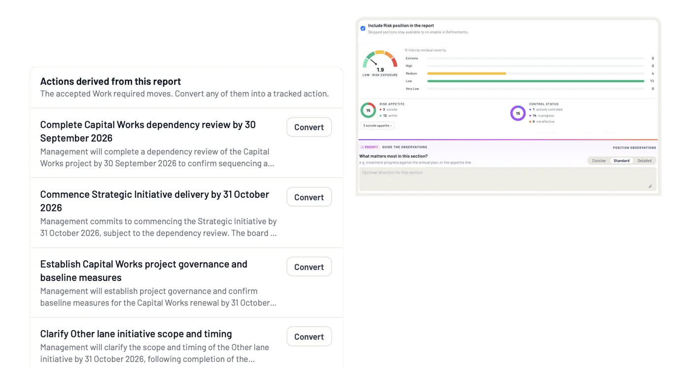 A board report open in EthosOne's Word editor: the school's letterhead template, the Executive summary with four findings, the formatting toolbar, Review and Save at the top, and the Report basis, Regenerate and Download controls, Hogwarts demo tenant.