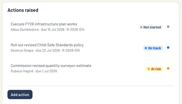 The Reporting home: saved report configurations as cards, each with its type, its stage (Focus, Freeze, Document) and when it was updated, with folders for board meetings, committee packs and annual and audit reporting.