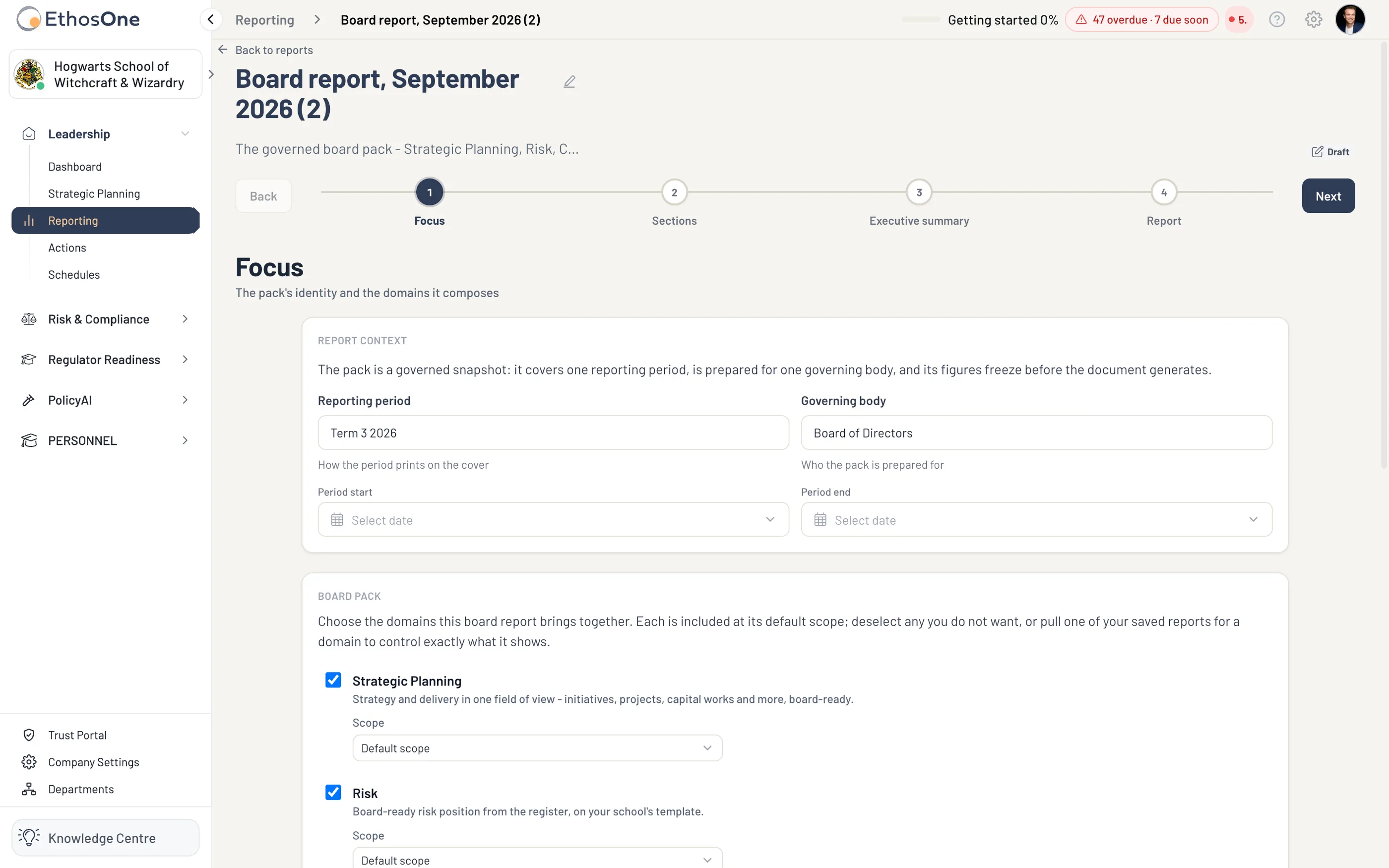 Step one of a board report, Focus: the reporting period and governing body, the period dates, and the domains the pack brings together (Strategic Planning, Risk and the rest) each at its default scope; the four steps Focus, Sections, Executive summary and Report across the top.