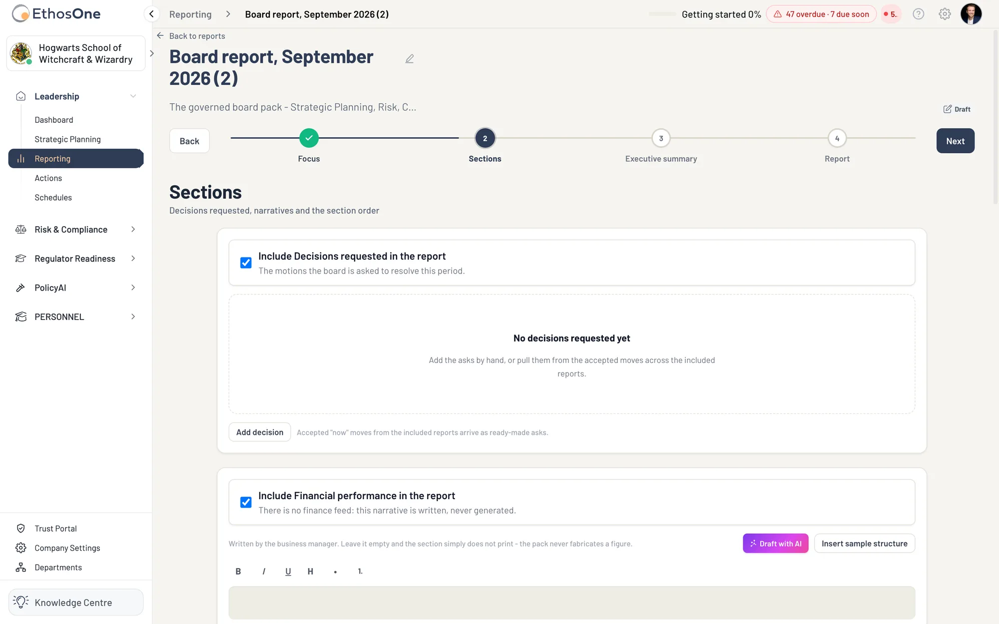 Step two of a board report, Sections: decisions requested, the written financial narrative, then material risks and treatments, compliance position, registration and review readiness, policy position, exceptions, outstanding board actions, previous resolutions and the appendix on how the report was built, each included or not and reorderable, Hogwarts demo tenant.