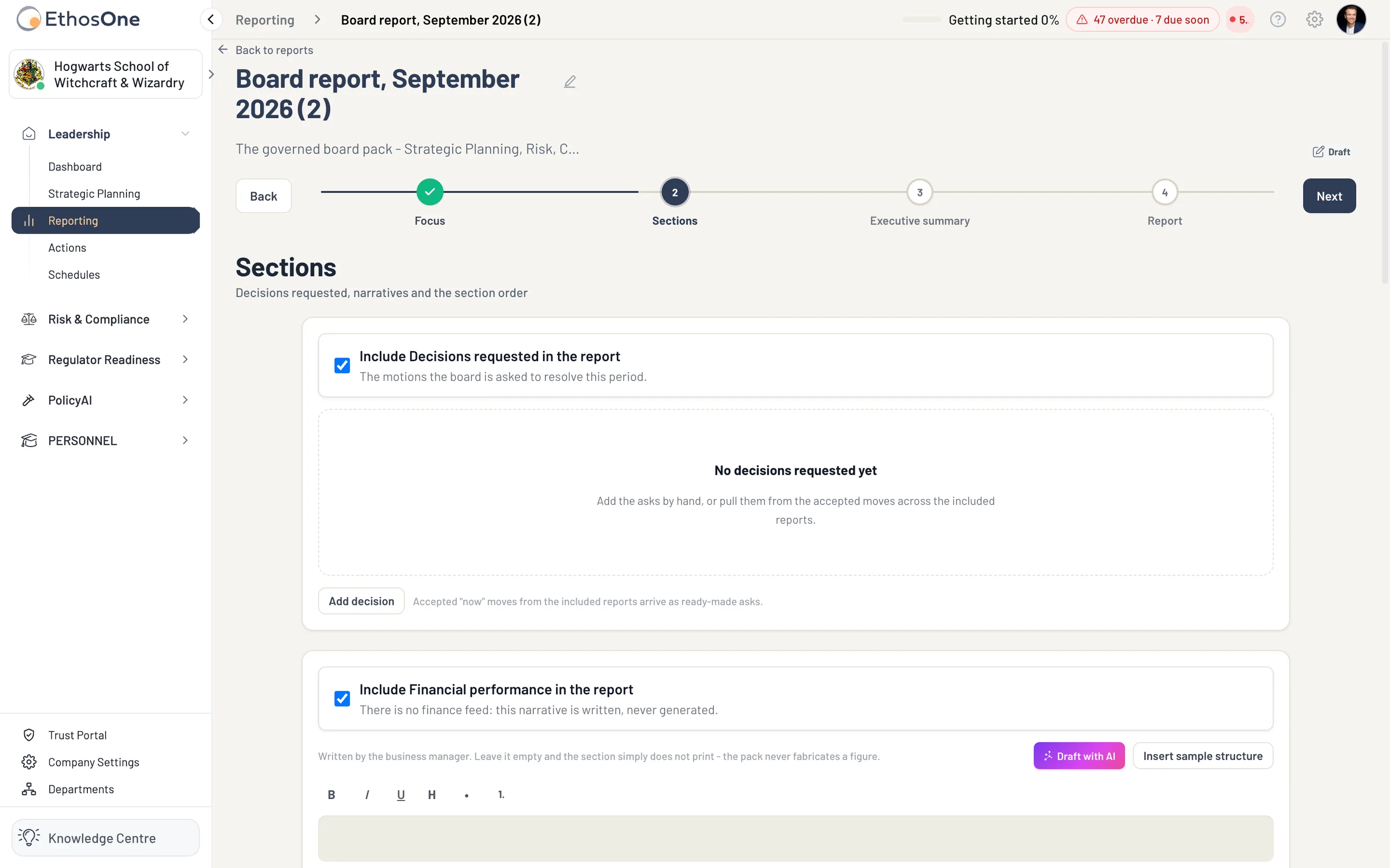 Step two of a board report, Sections: decisions requested, the written financial narrative, then material risks and treatments, compliance position, registration and review readiness, policy position, exceptions, outstanding board actions, previous resolutions and the appendix on how the report was built, each included or not and reorderable.
