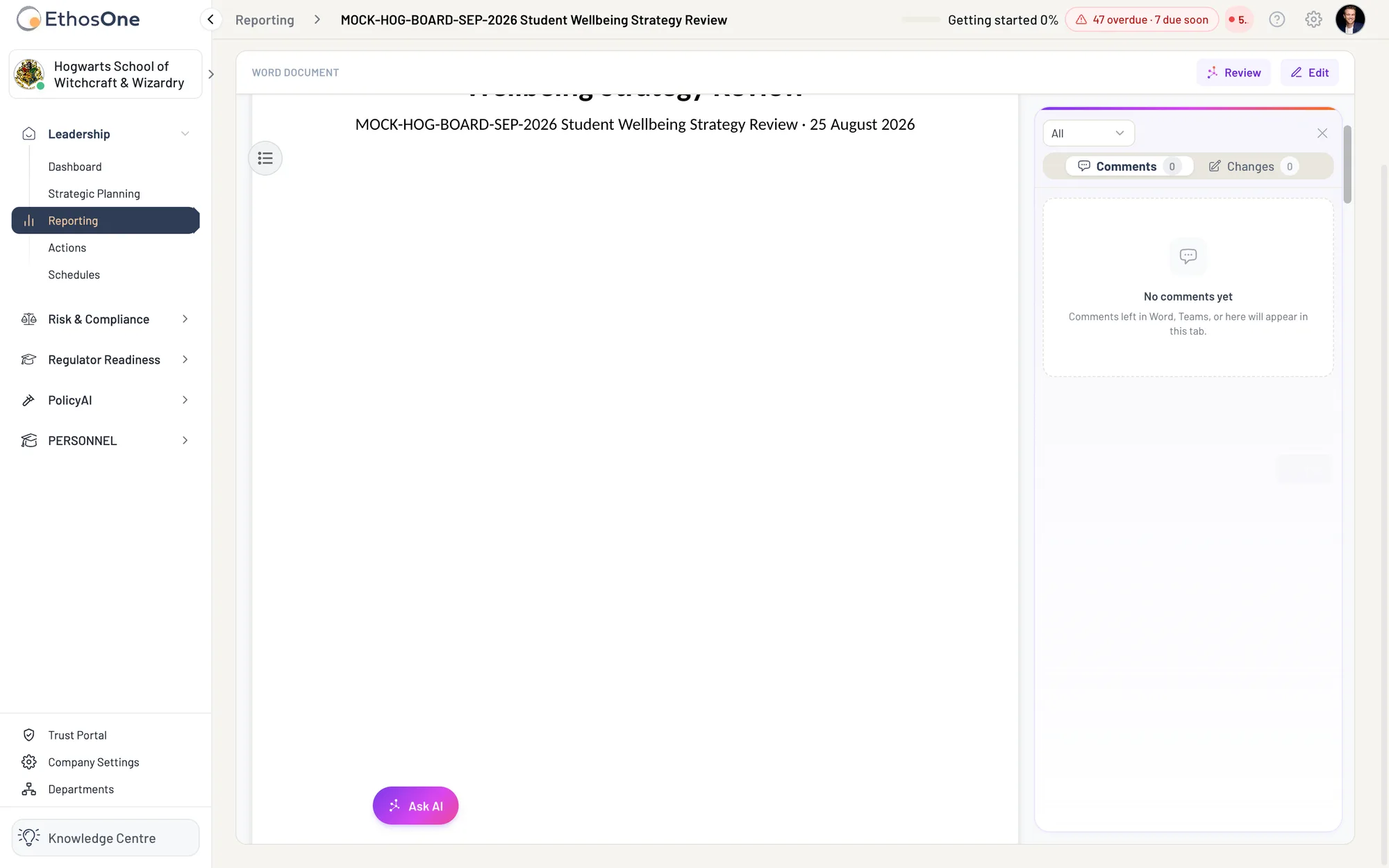 A generated report in Review mode: the Word document on the left, the Comments and Changes panel on the right, Review and Edit at the top, Hogwarts demo tenant.