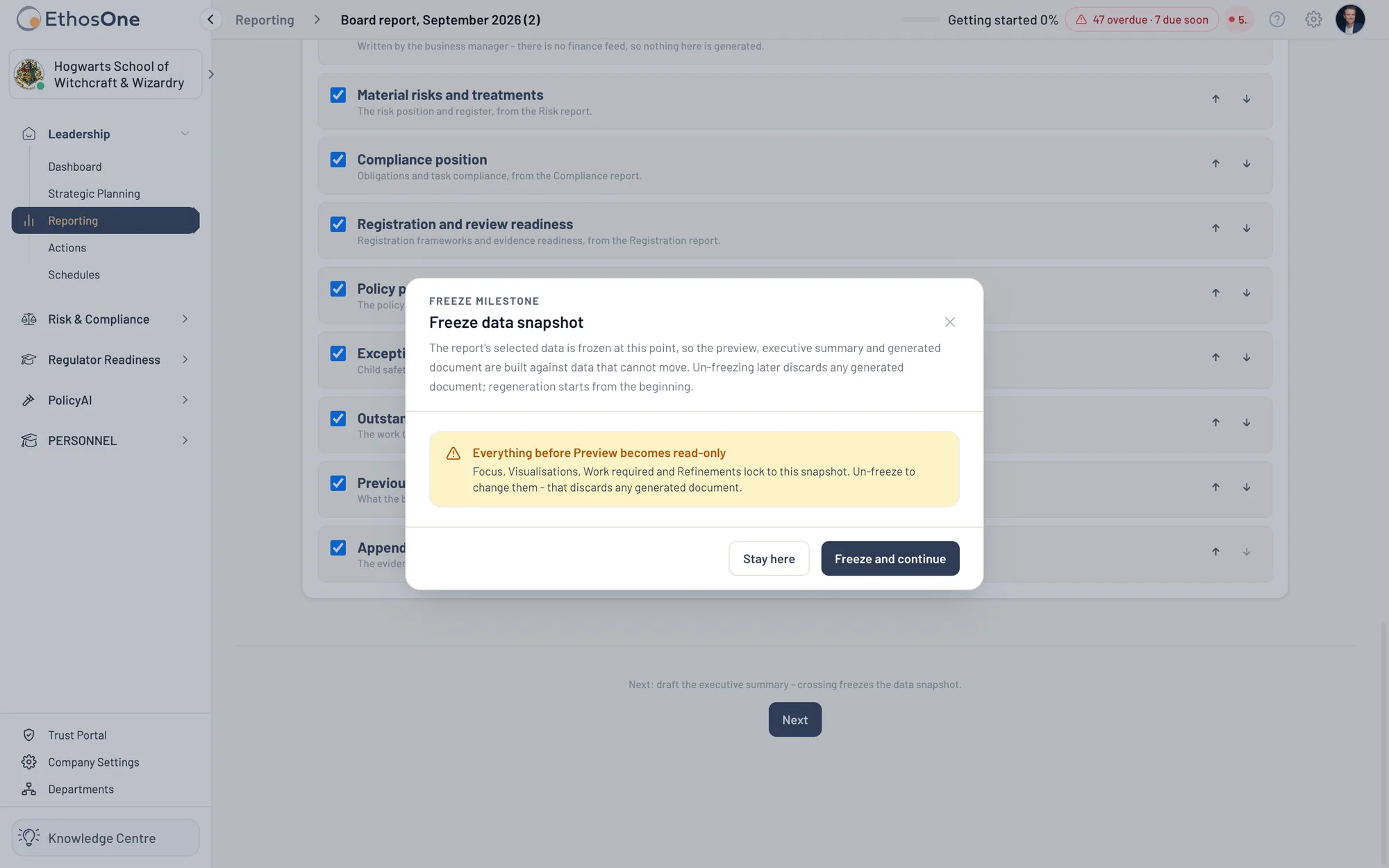 The Freeze milestone dialog on a board report: the report's selected data is frozen at this point so the preview, the executive summary and the generated document are built against data that cannot move, and everything before Preview becomes read-only, with Stay here or Freeze and continue, Hogwarts demo tenant.