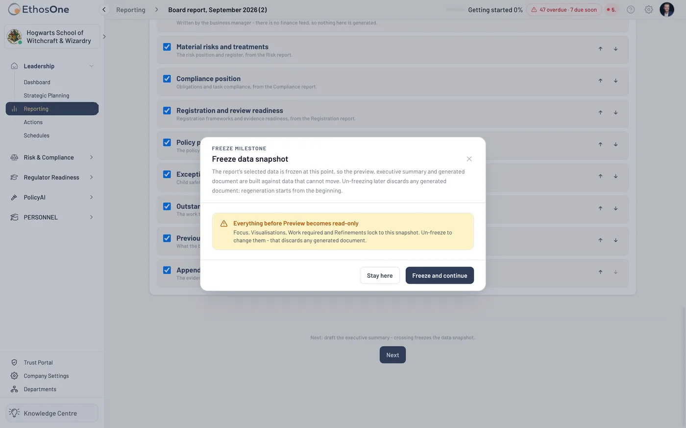 The Freeze milestone dialog on a board report: the report's selected data is frozen at this point so the preview, the executive summary and the generated document are built against data that cannot move, and everything before Preview becomes read-only, with Stay here or Freeze and continue, Hogwarts demo tenant.