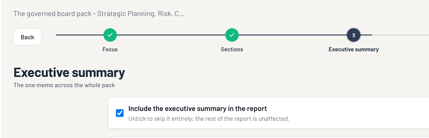 Step three of a board report, the AI-generated executive summary drafted from the frozen pack: the figures it can read (9 initiatives, 61 policies, 6 approved, 41 in draft) written in, and square-bracket placeholders where the school has yet to write the narrative, so the memo never invents a figure, Hogwarts demo tenant.