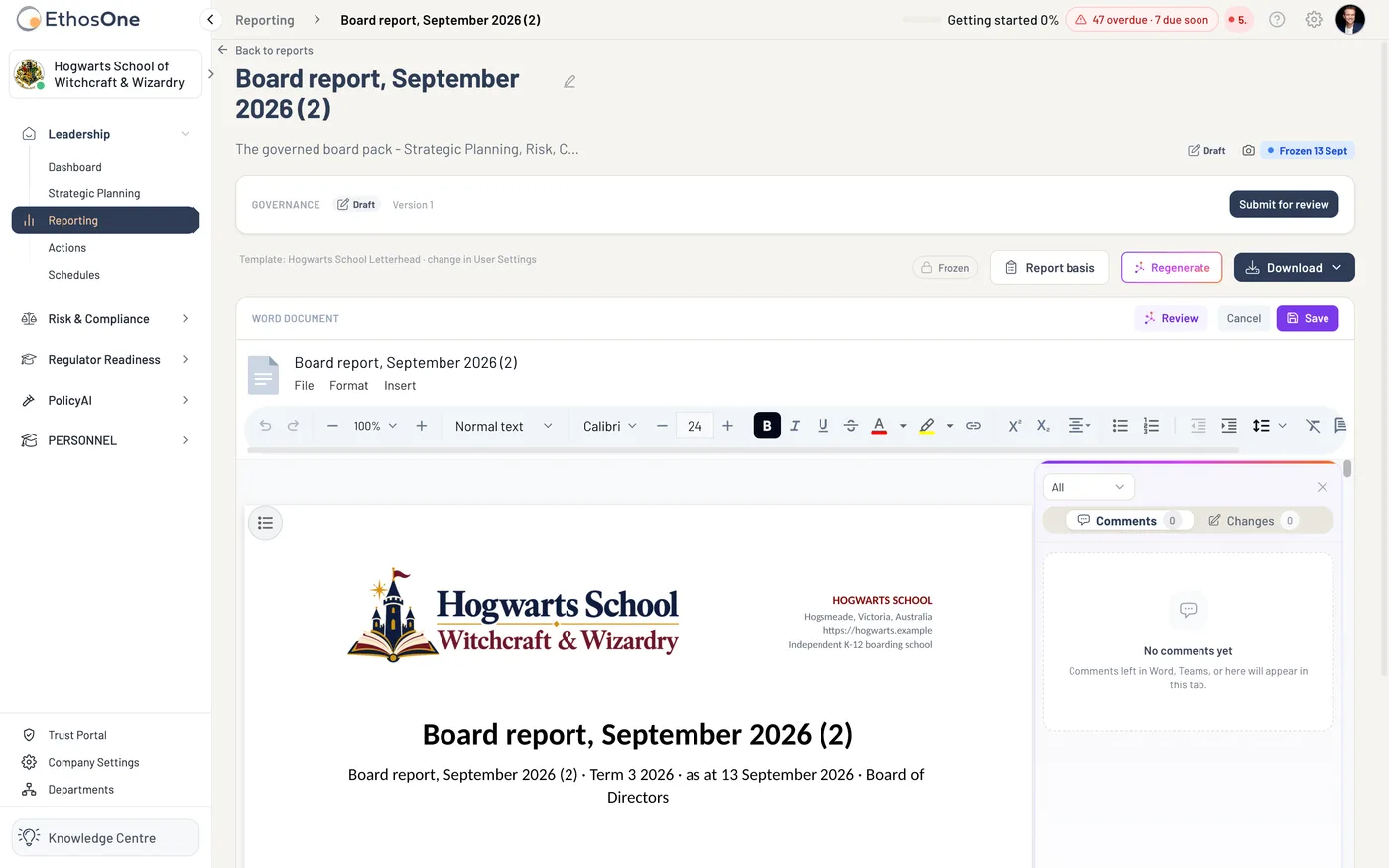 Step four of a board report: the governance panel (Draft, Version 1, Submit for review), the frozen snapshot, Report basis, Regenerate and Download, and beneath them the generated Word document on the school's letterhead with the report's period, as-at date and governing body on the cover, Hogwarts demo tenant.