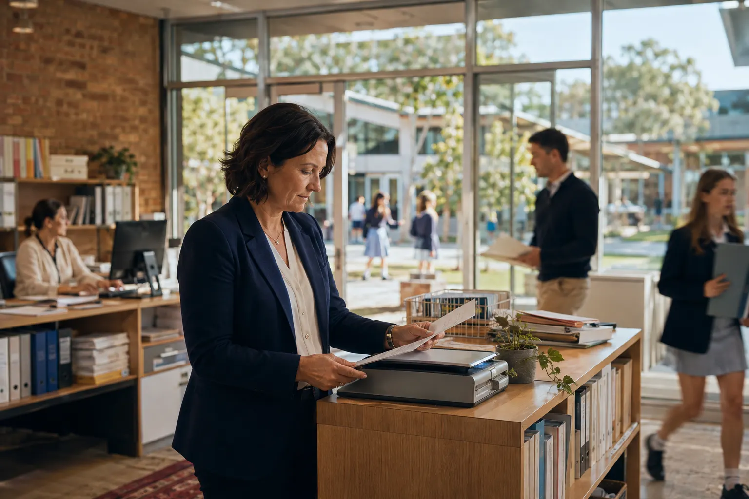 A governance officer scans and verifies a single controlled board paper in a school administration office while colleagues, folders and incoming work move softly around the frame.