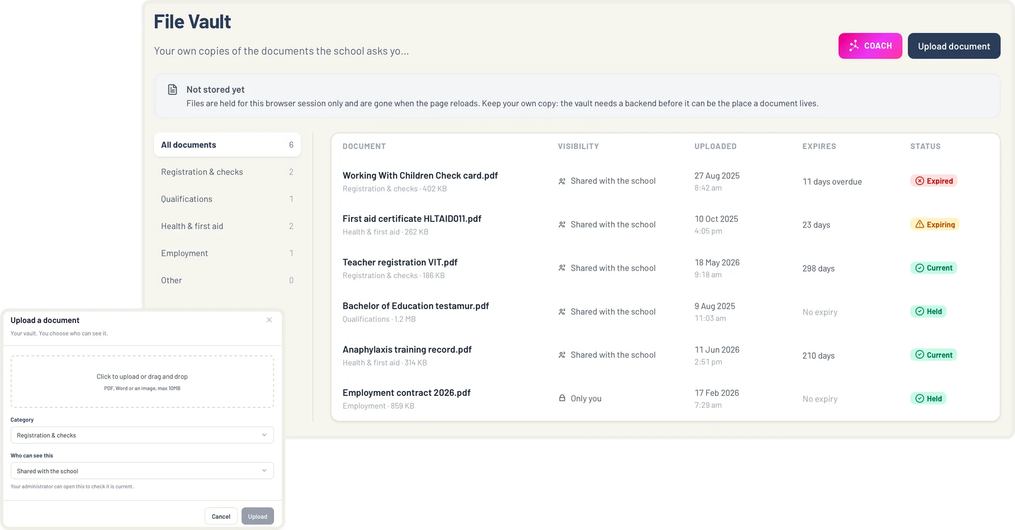 The HECA File Vault showing classification filters, group or entity scope, owner, last update and current status for governed documents.
