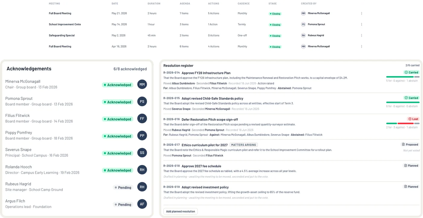 Version history for a school constitution in EthosOne, showing version two as current and version one retained, each with who filed it, when, and the note saying what changed, above a statement that earlier versions are download-only and can never be edited or deleted.