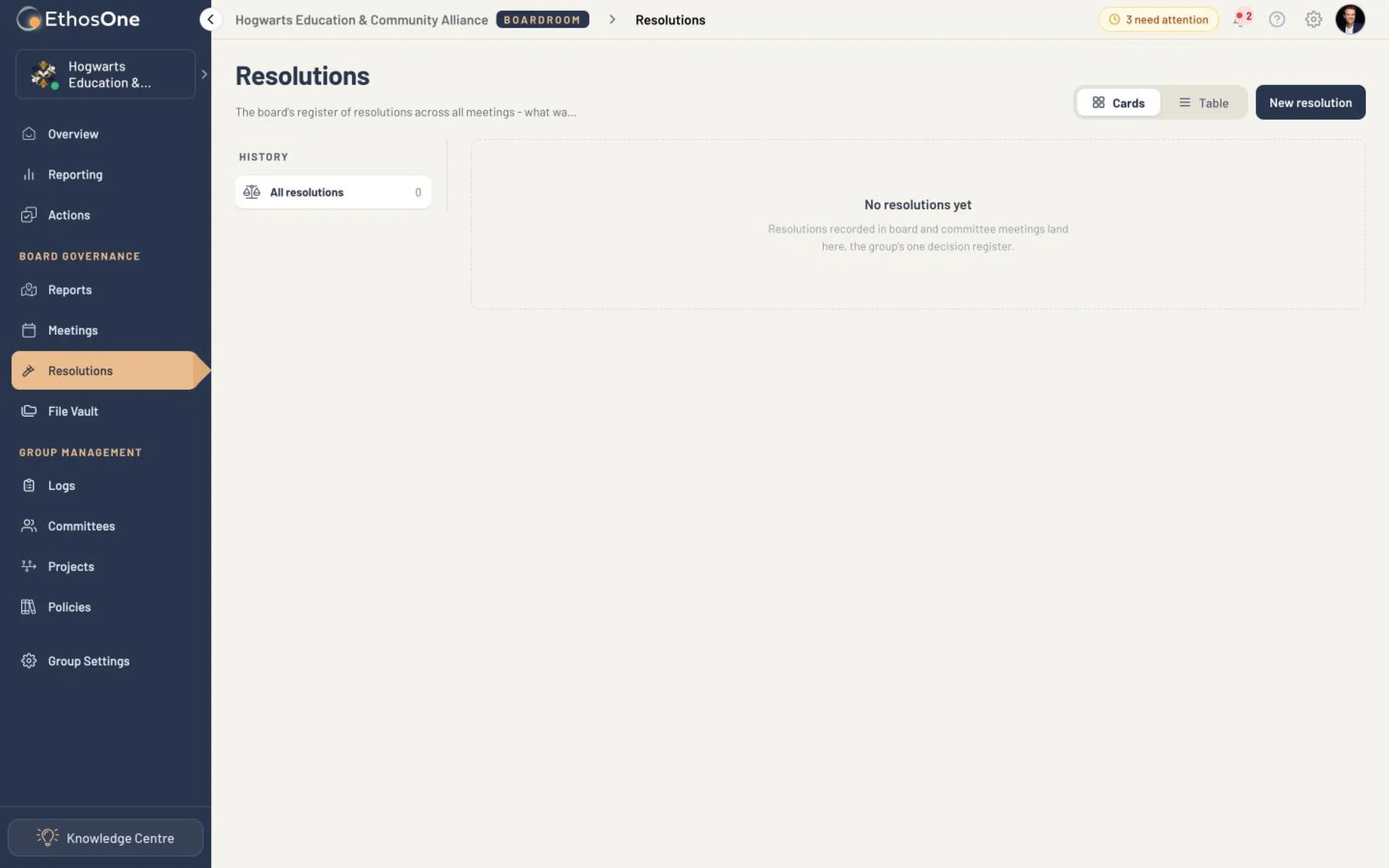 The EthosOne Resolutions page showing the authoritative group decision register and its current empty state.