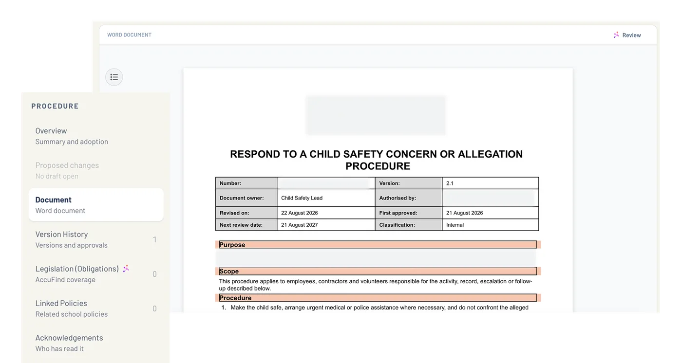 The Hogwarts procedures library with each procedure as a versioned document card.