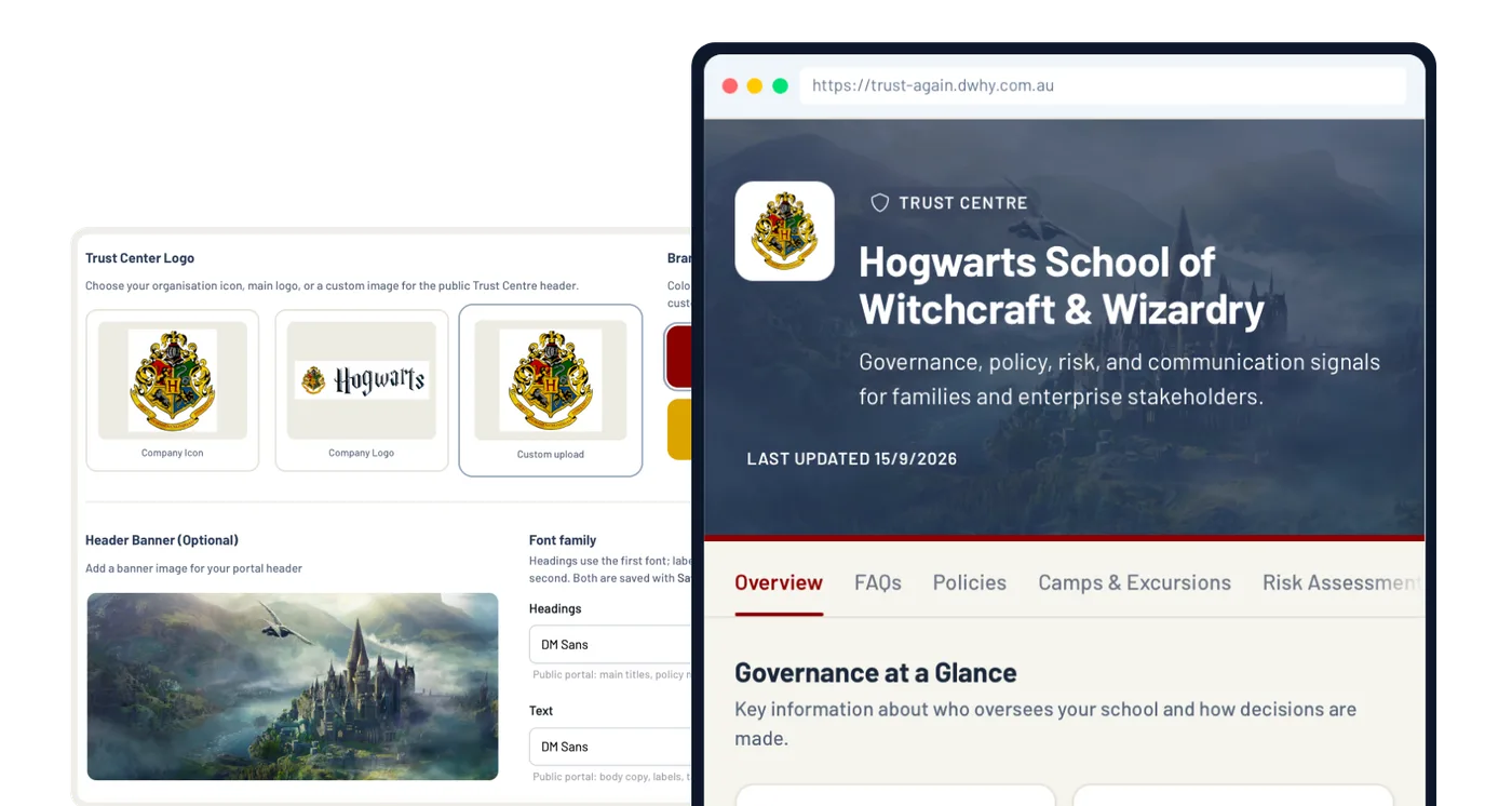 The Hogwarts Trust Portal configuration: what is published to families and regulators, in the school colours.