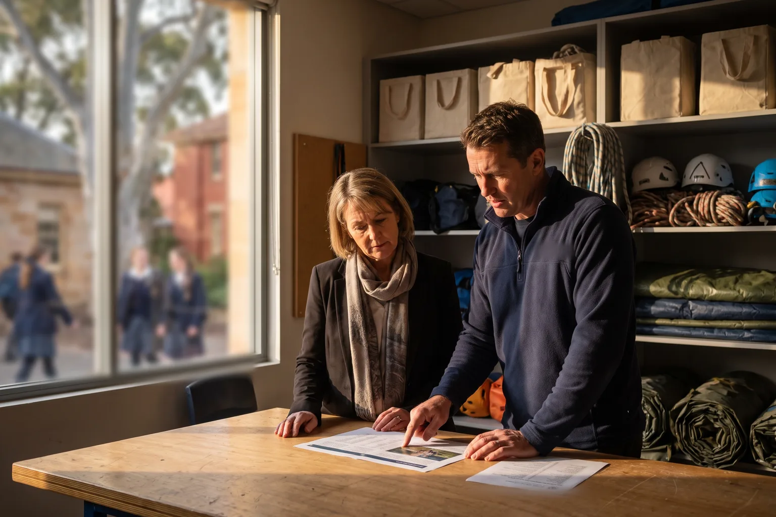 A deputy principal and an outdoor education coordinator going through a camp plan in the school store room.