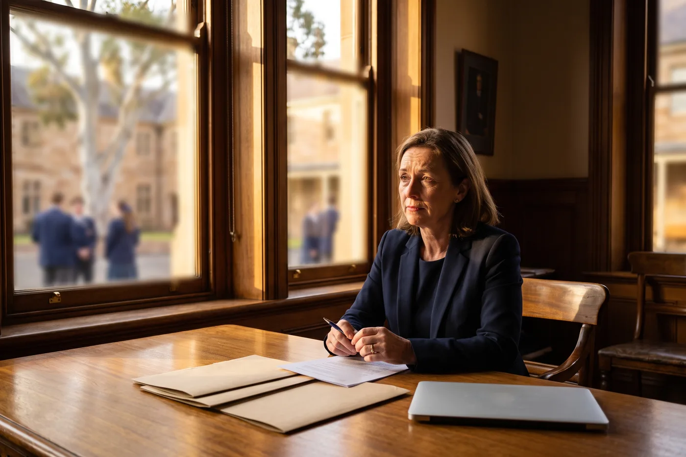 A business manager at a heritage office desk late in the day, unlabelled folders and one printed page in front of her.