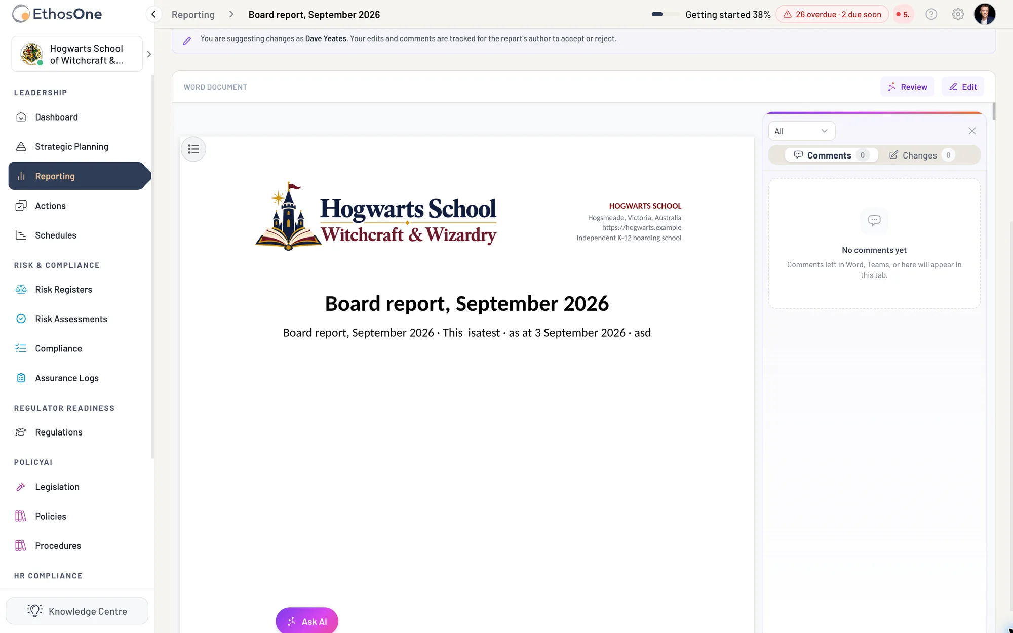 A published Hogwarts Board report with approval history, frozen version, correction link and embedded Word document on school letterhead.
