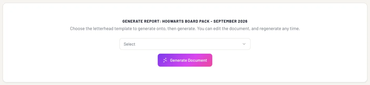 EthosOne offering to generate the demo school board pack for September 2026 onto a chosen letterhead template, with a note that the document can be edited and regenerated at any time.
