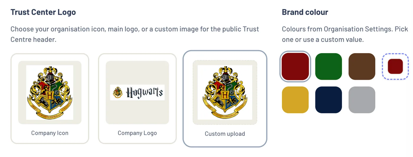 Trust centre branding: the school's logo options and brand colours, chosen from its own organisation settings.