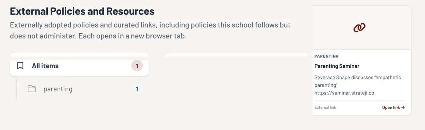 External policies and resources on the public trust centre, filed by folder, each opening in a new tab.
