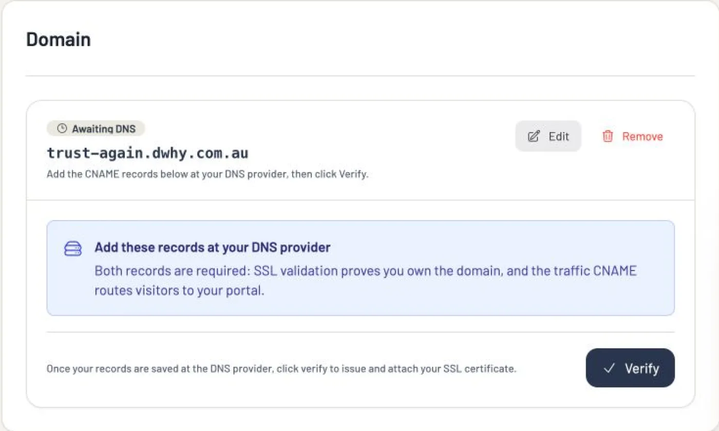 EthosOne Trust Portal domain settings beside the live the demo school public trust centre preview.