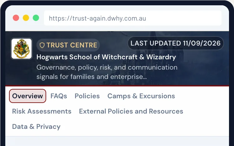 A live preview of a school trust centre in EthosOne, carrying the school crest and name, the date it was last updated, and counts of published policies, camps and excursions, risk assessments and FAQs, above the governing body, board meeting rhythm, principal and board chair.