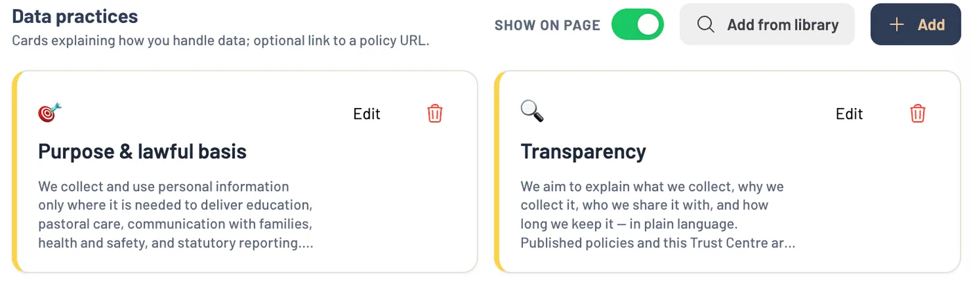 Data practices edited in the portal, each shown on the public trust centre: purpose and lawful basis, and transparency.