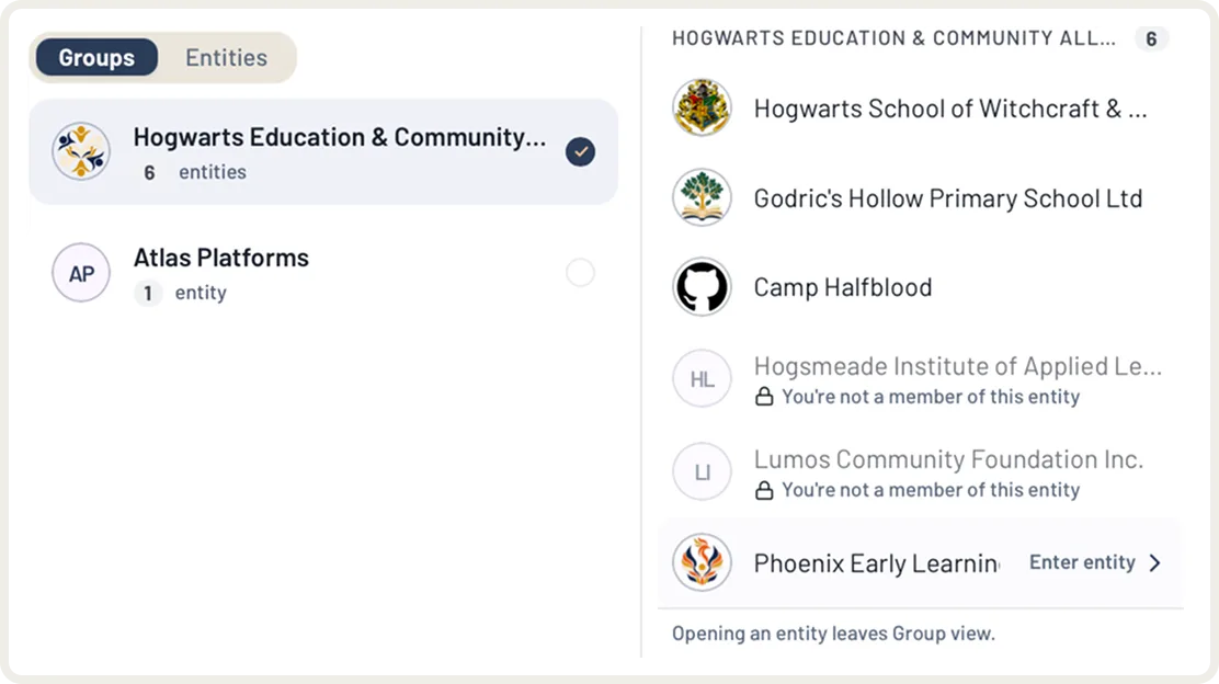 The demo school's group risk view showing residual severity, risk appetite, control status and the highest outside-appetite risks across entities.
