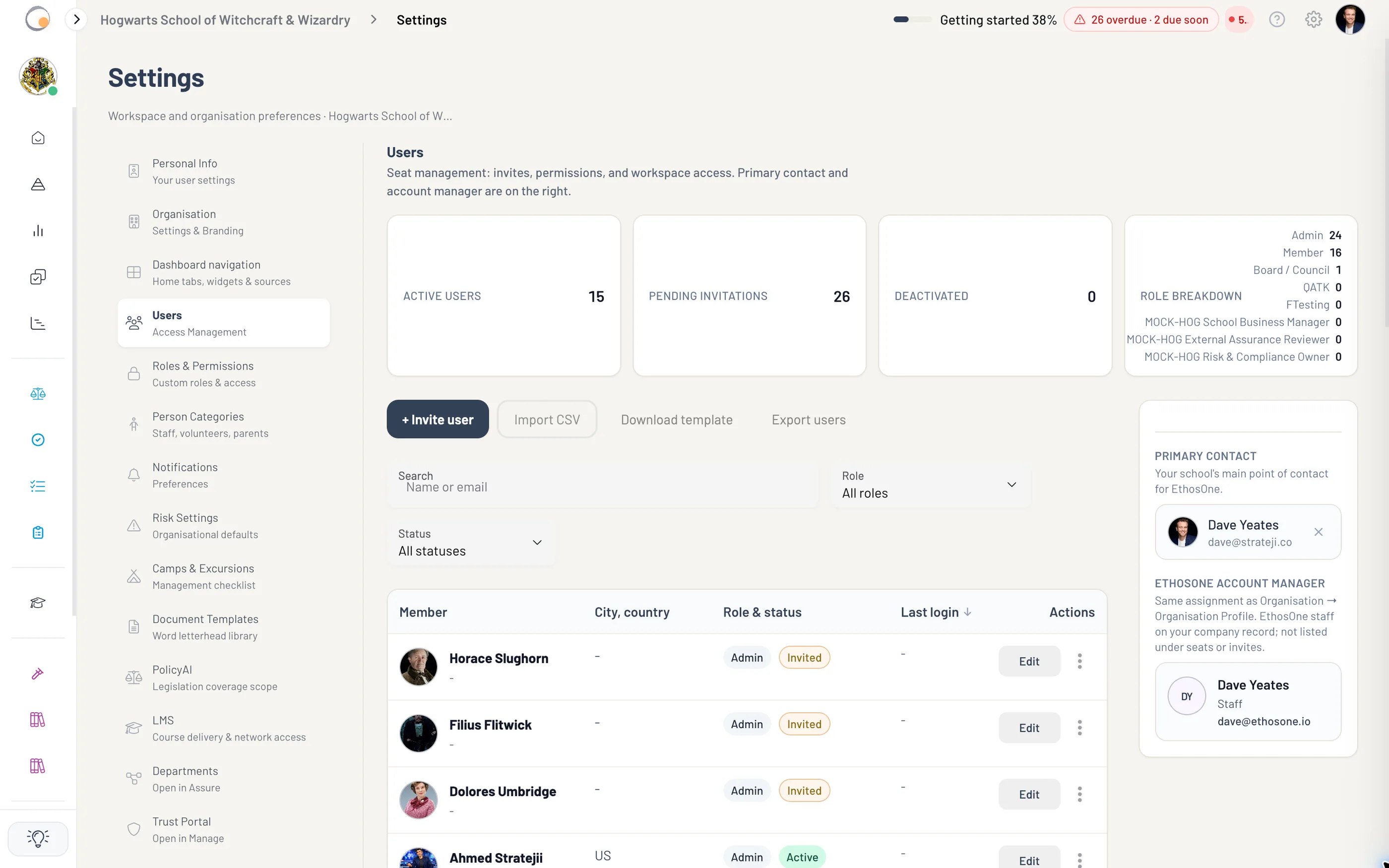 The demo school's users directory showing active and pending people with role and status filters and a population summary.