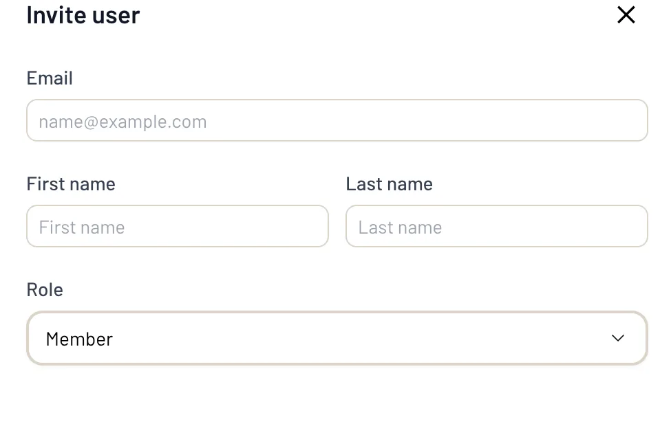 The EthosOne invite user form with email, first name, last name and explicit role selection for the demo school workspace.
