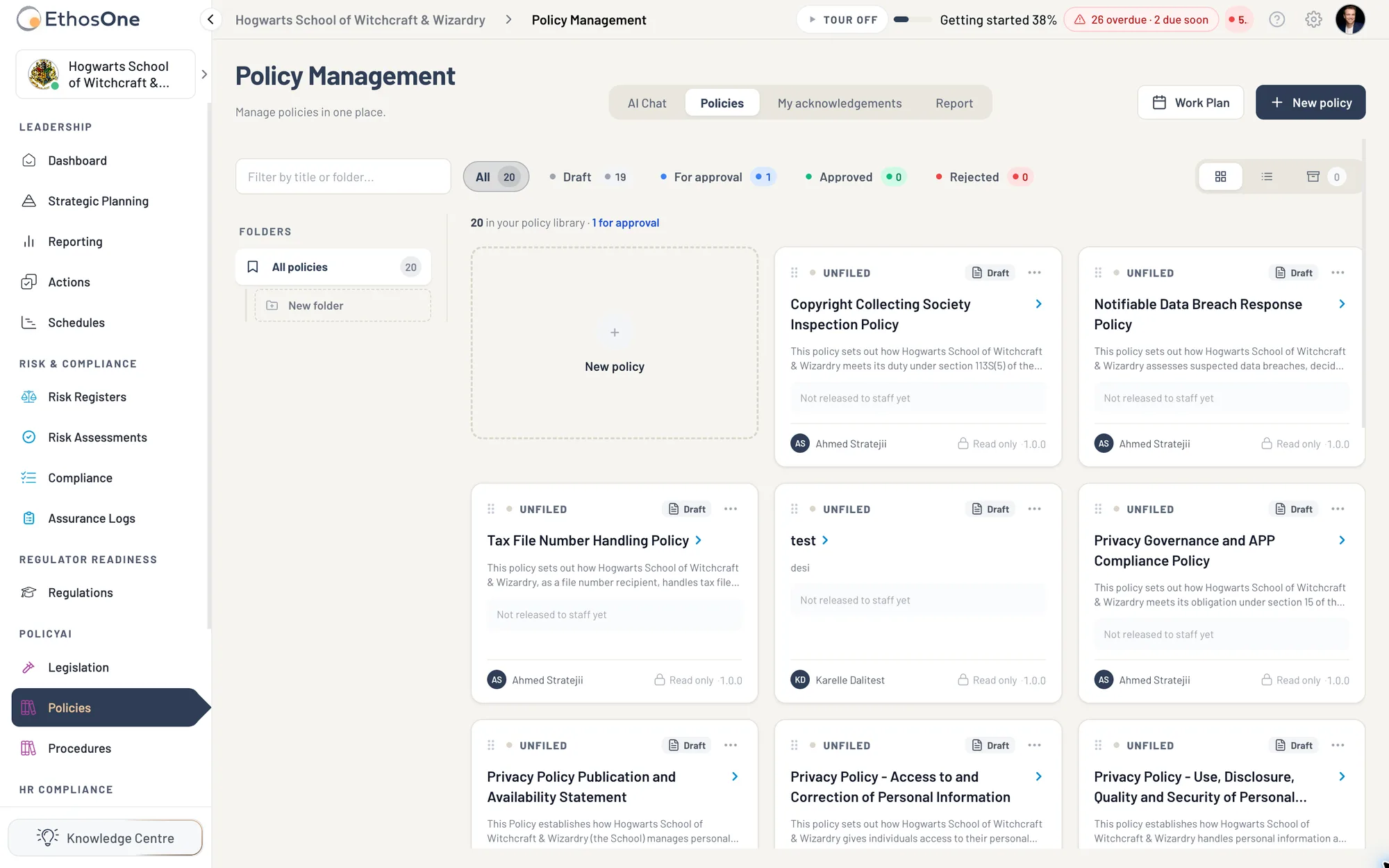 The Hogwarts policy register with lifecycle filters, folders, owner, version and review-state information.